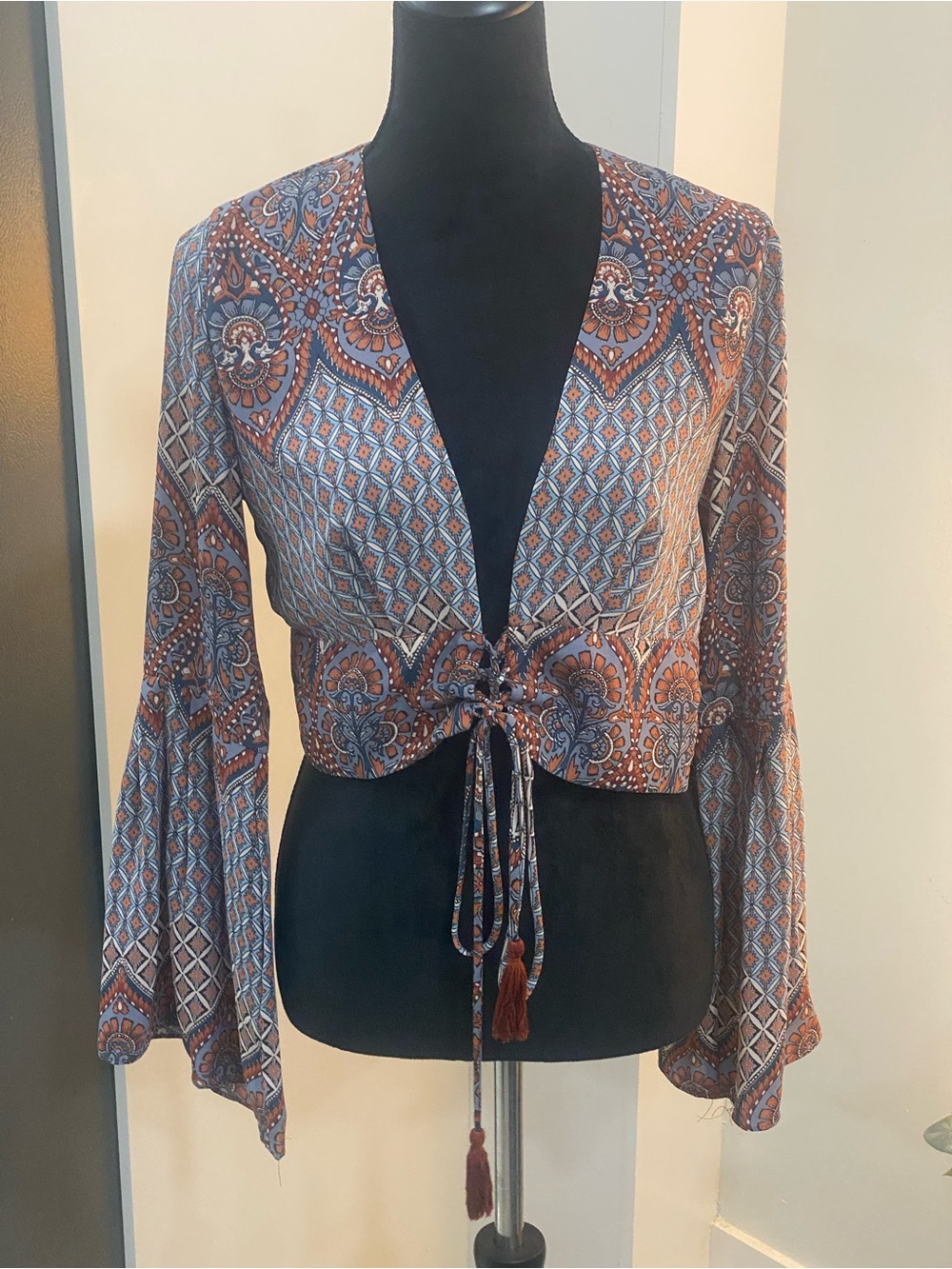 Olivaceous Rust & Blue Boho Tie-Front Blouse